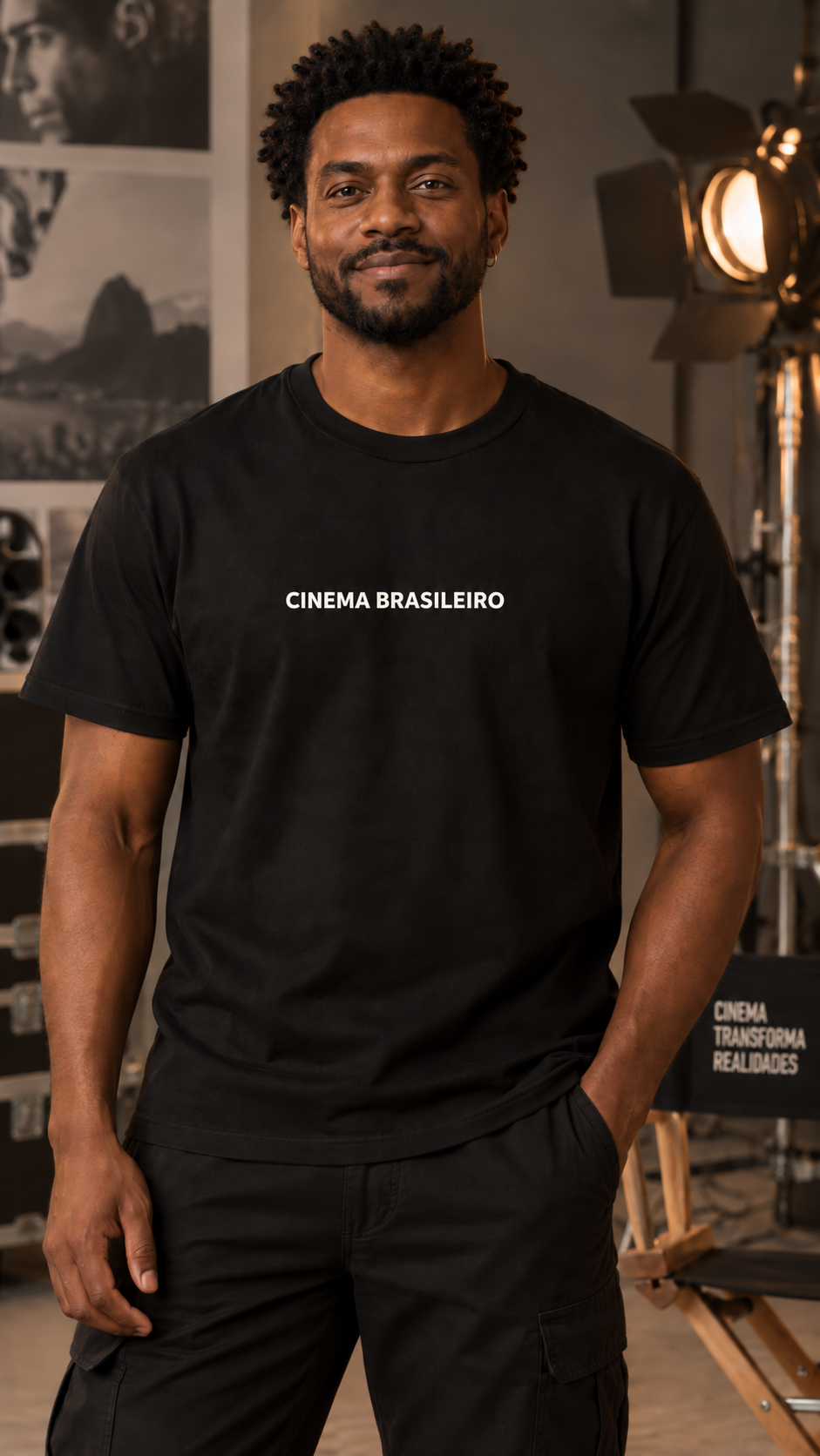 Homem vestindo camiseta Diretores Brasileiros, Cinema Universal